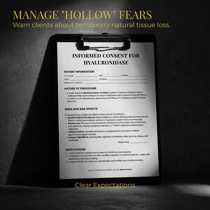 May include: A black clipboard with an "Informed Consent for Hyaluronidase" form. The form includes sections for patient information, nature of procedure, risks, side effects, and expectations. The text at the top reads "Manage 'Hollow' Fears."