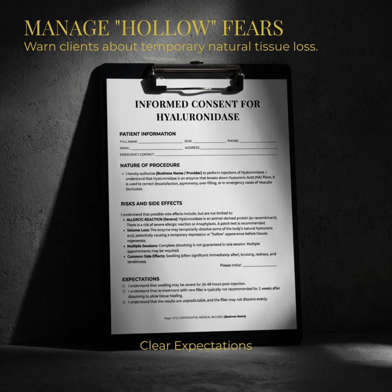 May include: A black clipboard with an "Informed Consent for Hyaluronidase" form. The form includes sections for patient information, nature of procedure, risks, side effects, and expectations. The text at the top reads "Manage 'Hollow' Fears."
