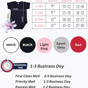 May include: A size chart for baby onesies with measurements in inches. The chart shows the size, width, length, and weight of the onesies. The onesies are available in white, black, light pink, sport grey, and red.