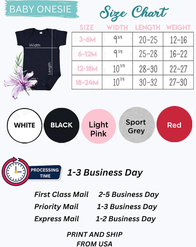 May include: A size chart for baby onesies with measurements in inches. The chart shows the size, width, length, and weight of the onesies. The onesies are available in white, black, light pink, sport grey, and red.