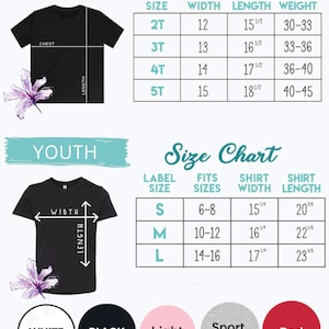 May include: Size chart for toddler and youth t-shirts. The chart shows the shirt size, width, length, and weight for toddler sizes 2T, 3T, 4T, and 5T. The chart also shows the label size, fits sizes, shirt width, and shirt length for youth sizes S, M, and L. The chart is on a white background with a black and white image of a t-shirt.