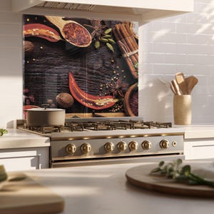Tempered glass kitchen backsplash, Stove backsplash panel, Heat Resistant stove back cover, Modern kitchen decor,  Harmony of spices