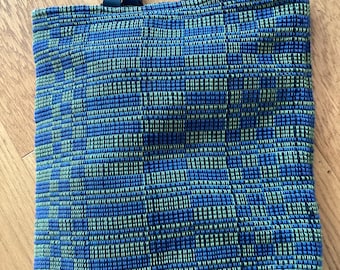 Handwoven Cotton Tote Bag: Blue Green Checkered Shopper with Leather Handles, Personalized Tote