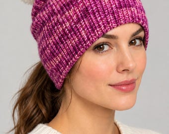 Hand-Knitted Chunky Merino Wool Beanie - Pink Winter Hat, Personalized Earwarmer
