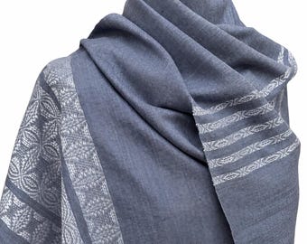 Woven Slate Grey Mulberry Silk Scarf | Bluish Gray Lily Pattern Shawl