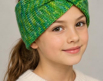 Green Kid Handmade Wool Blend Twist Knot Headband: Winter Turban Head Wrap, Personalized Earwarmer