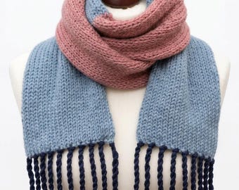Knitted Pink Blue Merino Wool & Alpaca Scarf – Colorful Hand-Knitted Statement Scarf