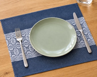 Handwoven Cotton Placemat Set – 4 Pieces – Navy Blue & White