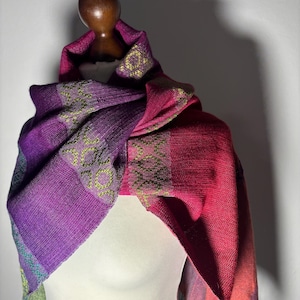 Warm Wool Silk Blend Scarf, Handmade Pink Purple Wrap, Hand Painted Silk Scarf, Soft Woven Scarf for Women, Colorful Patterned Scarf