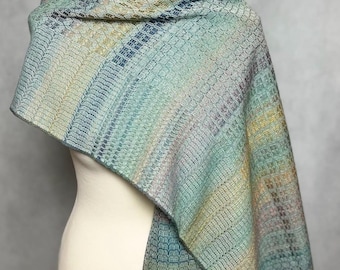 Handpainted Green Rainbow Silk Scarf, Blue-Green Elegant Scarf, Handwoven Silk and Camel Hair Scarf, Hand-Twisted Fringe, Women&#39;s Wrap