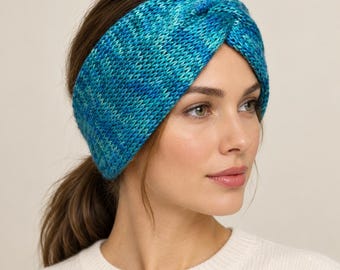 Stylish Knitted Wool Headbands in Blue Hues, Personalized Name