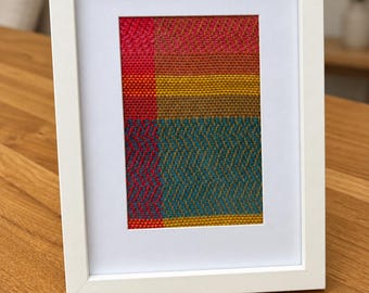 Handwoven Textile Wall Art – Mustard, Blue, Brown and Pink Cotton 23x28 cm