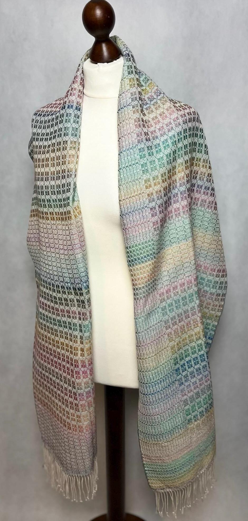 Hand Dyed Green Rainbow Silk Scarf, Multicolor Infinity Scarf, Handwoven Silk & Camel Hair Scarf, High Fashion Women's Wrap, oversized scarf