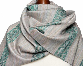 Hand-Dyed Silk Large Scarf: Lightweight Pink Green Woven Shawl, Personalizable, giftable wrap
