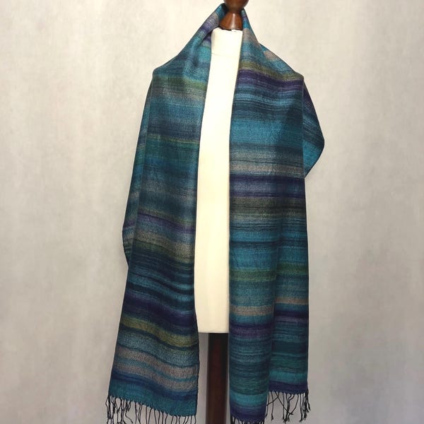 Hand dyed Striped Merino Scarf in Green, Blue-Green Infinity Scarf, Handwoven Merino Wool Scarf, Ladies scarf