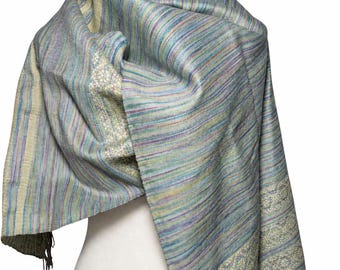 Handwoven Silk Scarf: Green Blue Yellow Floral Shawl Wrap