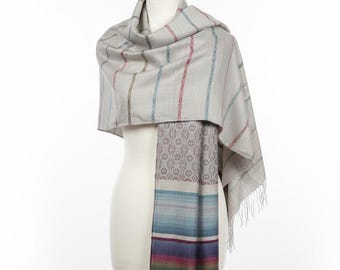 Handwoven Silk Wool Blend Scarf | Silver Blue Infinity Wrap (42x162cm)