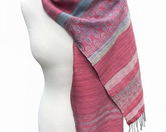 Handwoven Raspberry Silk Scarf – Lily Floral Motif, Green Accents, Artisan Accessory, Personalized with Monogram