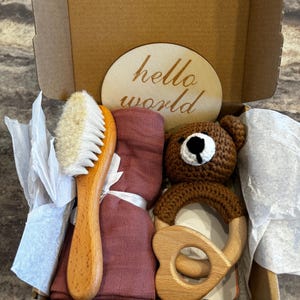 Hello World Newborn baby gift box,Crochet Animal Gift,Baby Shower Gift Basket,Expecting New Parents Gift Hamper,Gender Neutral,luxury gift