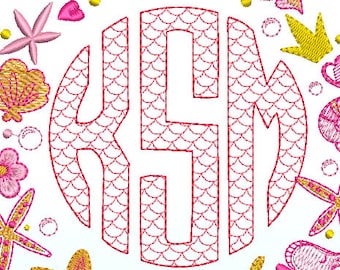 Mermaid Monogram Circle Scale Motif Sketch Font - DIGITAL Embroidery Machine Font -- 3 sizes + BX Instant DOWNLOAD