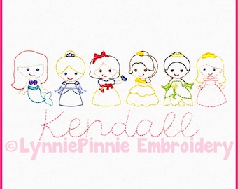 SET of 6 Mini ColorWork Princess Designs Sketch Machine Embroidery Digital Design File INSTANT Download Pattern