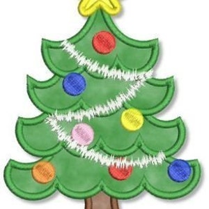 May include: A green Christmas tree with a yellow star on top. The tree is decorated with white garland and colorful ornaments.