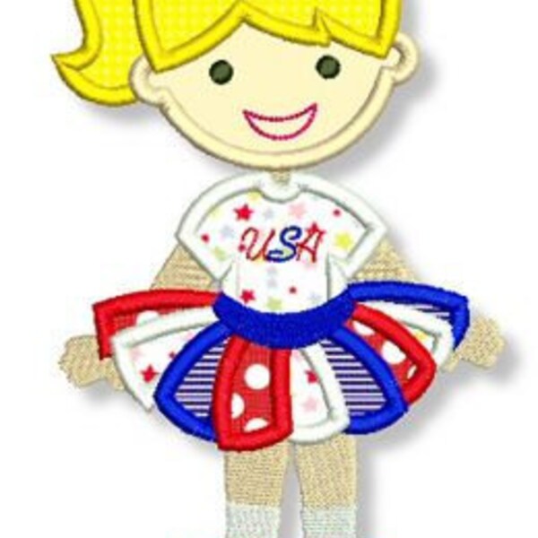 PATRIOTIC TUTU GIRL  4x4 5x7 6x10  Machine Embroidery Design 4th July  Instant Download