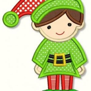 May include: A green and red Christmas elf applique with a white polka dot hat, brown hair, and green shoes.