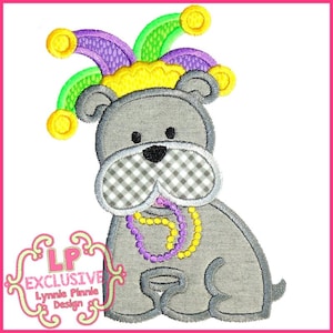 Mardi Gras BOBBIN el BULLDOG Applique 4x4 5x7 6x10 7x11 SVG Máquina Bordado Archivo