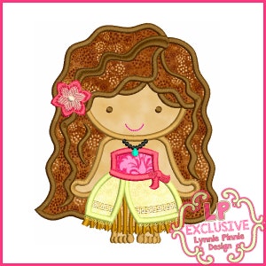 May include: Embroidered design of a cartoon girl with long brown hair, wearing a yellow and brown dress with a pink and green top. She is smiling and has a pink flower in her hair.