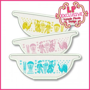 May include: Three white ceramic bowls with a blue, pink, and yellow folk art design. Each bowl features a rooster, a man and a woman carrying baskets of flowers, and wheat stalks.