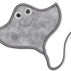 May include: A gray stingray with a smiling face and two large black eyes. The stingray has a long tail and a flat, diamond-shaped body.