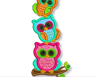 STACKED OWL Trio 4x4 5x7 6x10 Machine Embroidery Design   INSTANT Download File