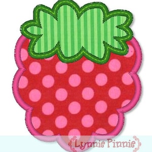 May include: A red strawberry with pink polka dots and a green leafy top. The strawberry is outlined in pink and the leaves are outlined in green.