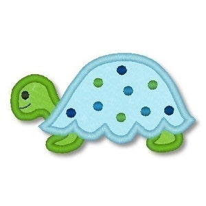 May include: A blue and green turtle applique with a scalloped edge and polka dots.