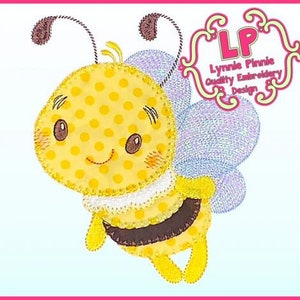 May include: A yellow and brown bee with a purple and blue butterfly wing design. The bee has a smiling face with black eyes and a polka dot pattern. The bee is a digital embroidery design.