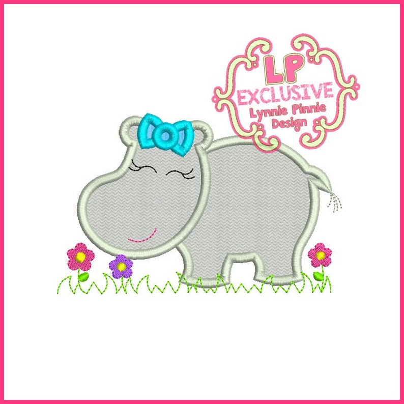 GIRLY HIPPO Applique 4x4 5x7 6x10 SVG Machine Embroidery Design image 1