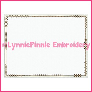 May include: A rectangular embroidery design with a brown stitched border and corner accents. The text "LynniePinnie Embroidery" is in pink across the center of the design. The background is white.