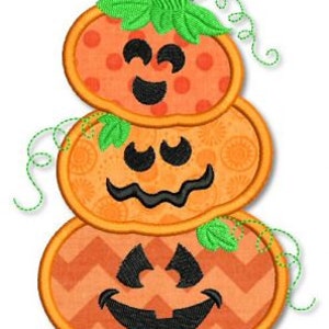 May include: A stack of three orange pumpkins with different facial expressions. The top pumpkin has a happy face, the middle pumpkin has a surprised face, and the bottom pumpkin has a mischievous grin. Each pumpkin has a green stem and is decorated with different patterns.