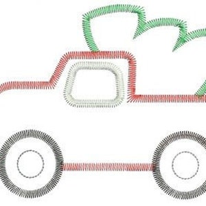May include: A red toy truck with black wheels and a green tree in the back. The truck has a white window.