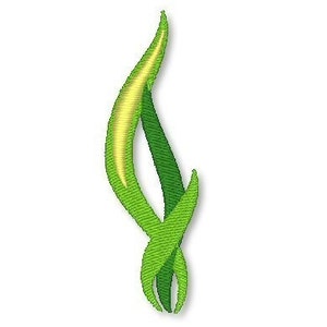 May include: A green and yellow stylized leaf design with a curved shape.