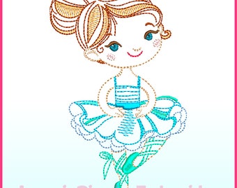 May include: A blue and white striped dress with a white tutu and blue ballet shoes. The ballerina has brown hair and blue eyes. The image is a digital embroidery design.