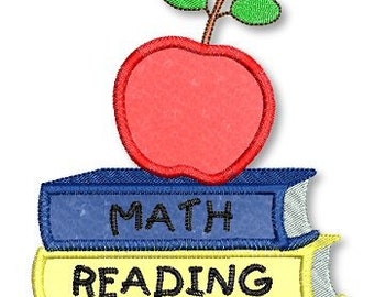May include: A red apple with a green stem and leaves sits on top of two blue and yellow books. The top book says "MATH" and the bottom book says "READING".