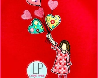 Bean Stitch Applikation Mädchen mit Herz Ballons Maschinenstickerei Stickdatei 3 Größen