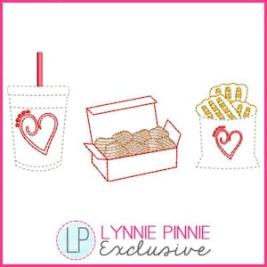 May include: An embroidered design featuring a drink with a heart, a box of food, and a bag of fries, all with a heart motif. The design is outlined in red thread on a white background, with a pink border.