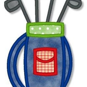 May include: A blue golf bag with a green and white polka dot trim and a red and white checkered pocket. There are four golf clubs sticking out of the top of the bag.