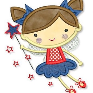 May include: A cartoon illustration of a girl fairy with brown hair, wearing a red and white polka dot top and a blue skirt. She is holding a star-shaped wand and has a happy expression on her face.