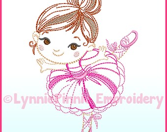 May include: A digital embroidery design of a ballerina girl with brown hair, wearing a pink tutu and pink ballet shoes. The design is perfect for creating personalized gifts or adding a touch of whimsy to your projects.