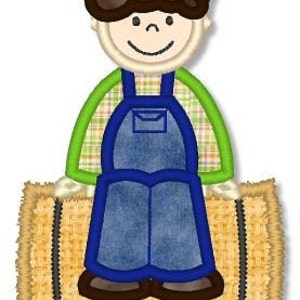 May include: A cartoon illustration of a boy wearing a green and white plaid shirt, blue overalls, and brown shoes. He is sitting on a brown hay bale.