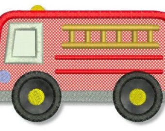 May include: A red toy fire truck with a ladder, black wheels, and a yellow circle on each wheel. The truck has a white window and a blue circle on the side.